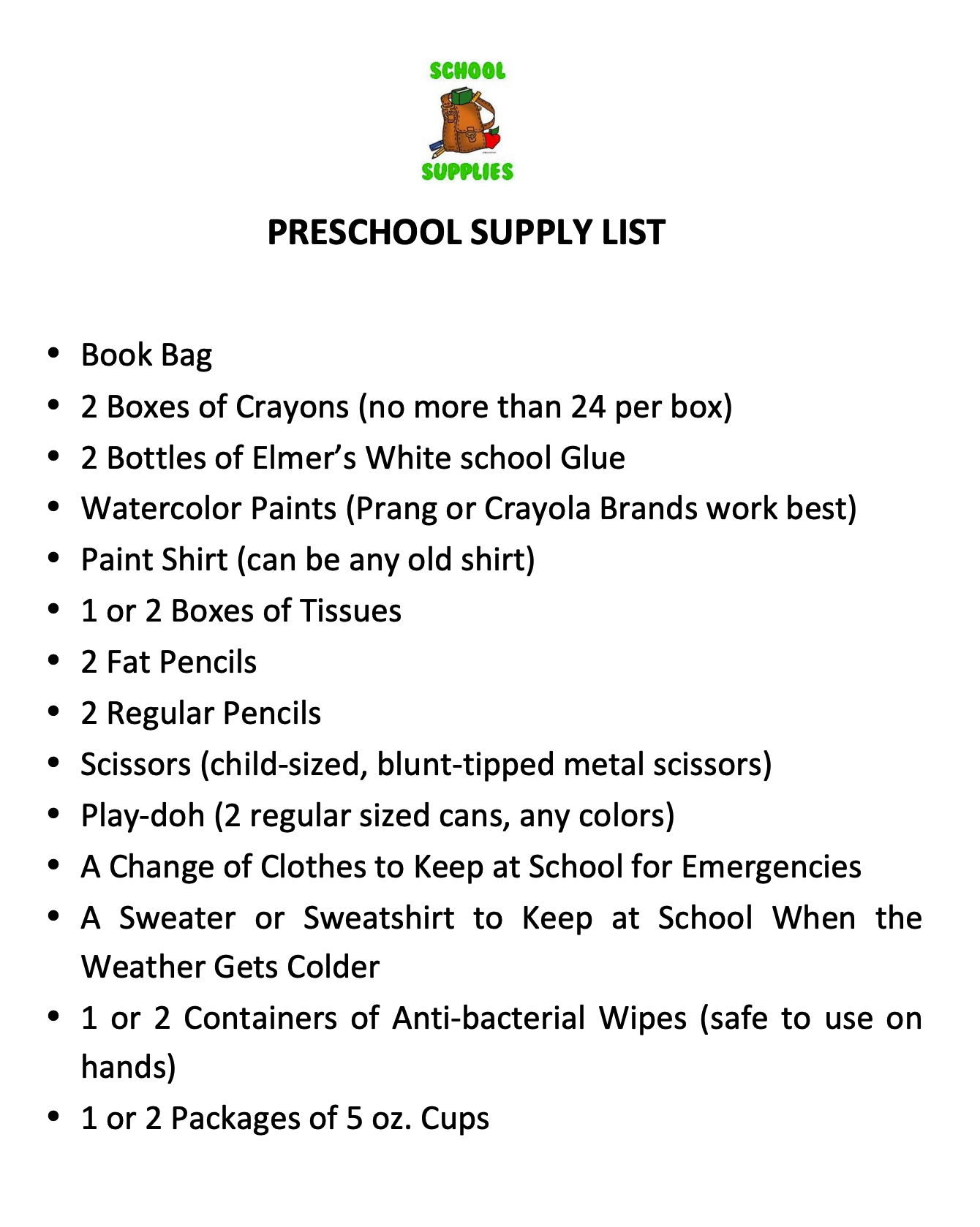 School Supply List 20232024 Faith Christian School of Grand Detour